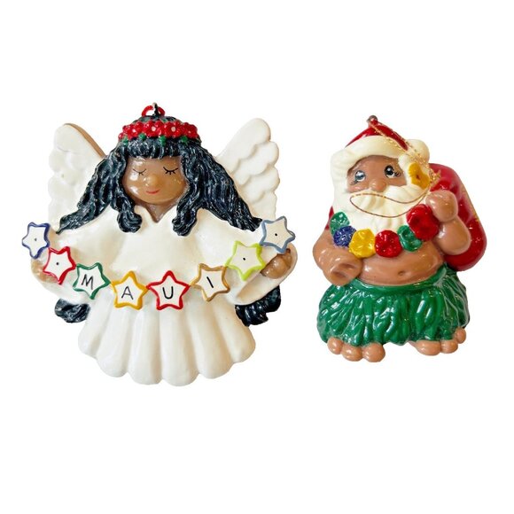 Vintage Hawaiian Poi People Santa w/Sack & Maui Angel Hanging Ornaments 1986-87 - Picture 4 of 16